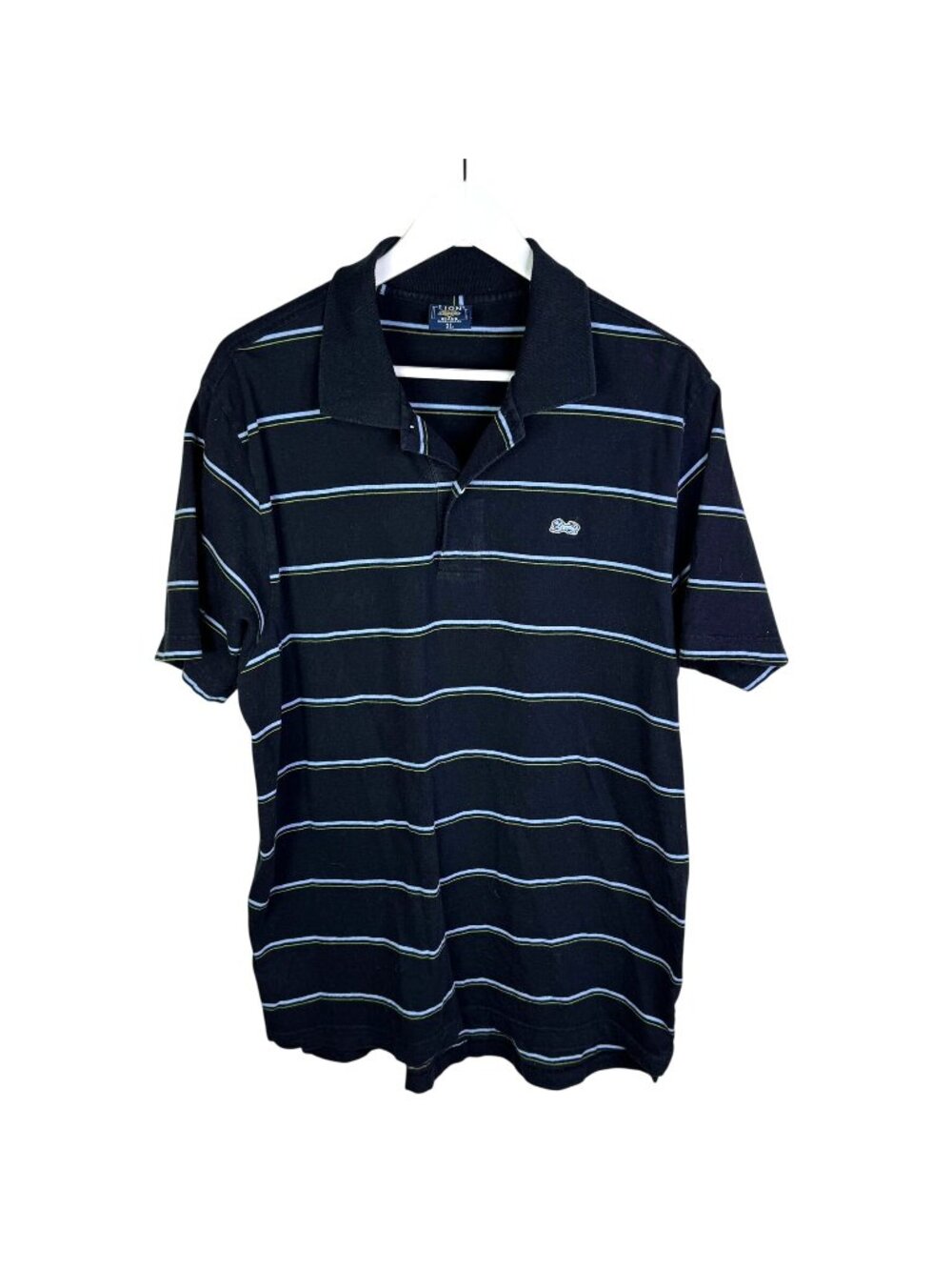 Vintage Retro Lion Black & Blue Striped Polo Shirt, Size XL